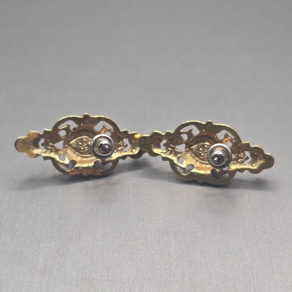 VTG Stone Like Rose & Faux Pearl Earrings Gold Tone 1.25" Victorian Revival - Picture 4 of 5